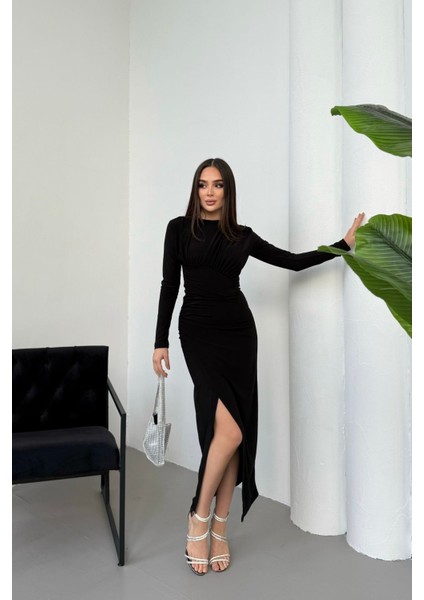 Kadın Drapeli Uzun Kollu Yırtmaç Detaylı Büzgülü Elbise modelleri