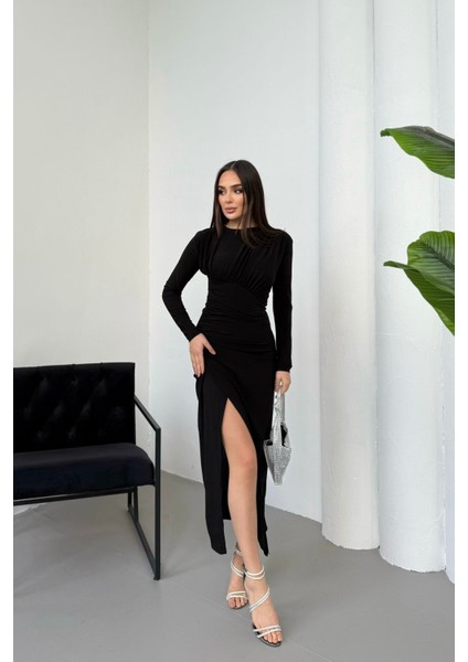 Kadın Drapeli Uzun Kollu Yırtmaç Detaylı Büzgülü Elbise fırsatları