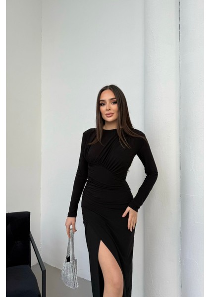 Kadın Drapeli Uzun Kollu Yırtmaç Detaylı Büzgülü Elbise indirimleri