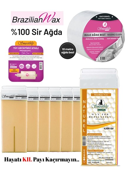 6 Adet Natürel Brazılıan Rool On Kartuş Ağda 10 mt Sir Ağda Bezi 1 Ad.tüy Azaltıcı Losyon