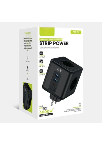 Akım Korumalı Priz Kablosuz 3'lü Priz Soketi, 3x USB Girişi, 1x Type-C Girişi Priz Çoğaltıcı Kompakt Tasarım