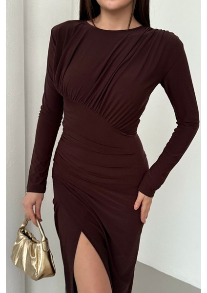 Kadın Drapeli Uzun Kollu Yırtmaç Detaylı Büzgülü Elbise fiyatları