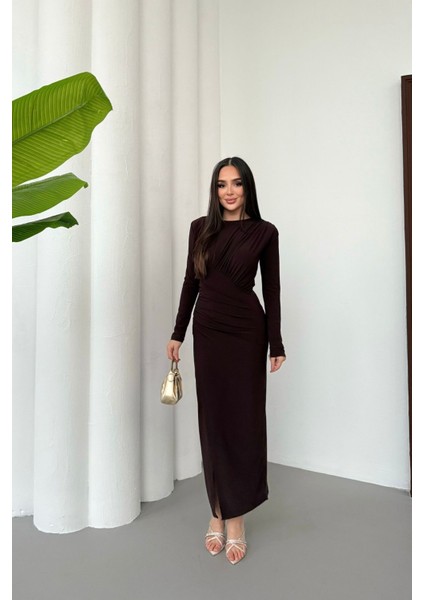 Kadın Drapeli Uzun Kollu Yırtmaç Detaylı Büzgülü Elbise modelleri