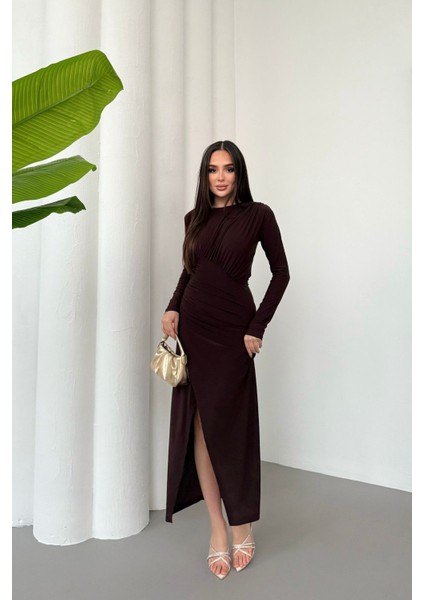 Kadın Drapeli Uzun Kollu Yırtmaç Detaylı Büzgülü Elbise fırsatları