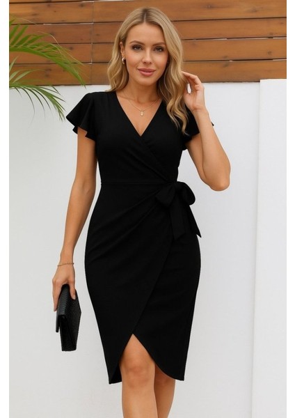 Kadın Kısa Kollu Kruvaze Yakalı Belden Bağlamalı Ithal Krep Elbise