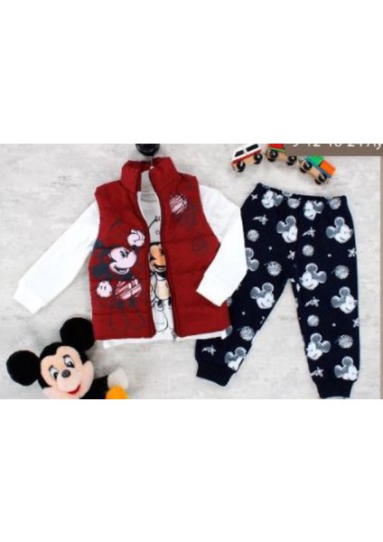 9-24 Ay Mickey Mouse Baskılı 3'lü Yelekli Bebek Takımı | Mevsimlik