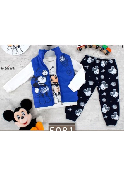 9-24 Ay Mickey Mouse Baskılı 3'lü Yelekli Bebek Takımı | Mevsimlik