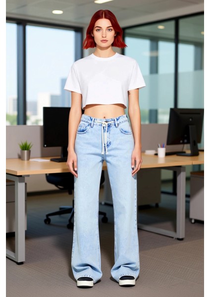 Kadın Açık Rejeneratif Pamuk Bağcıklı Normal Bel Bol Paça Jean Fonksiyonel Dayanıklı Rahat modelleri