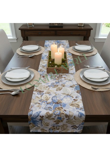 Jakarlı Dokuma Dekoratif Runner 45 x 140 cm Mavi Çiçekli