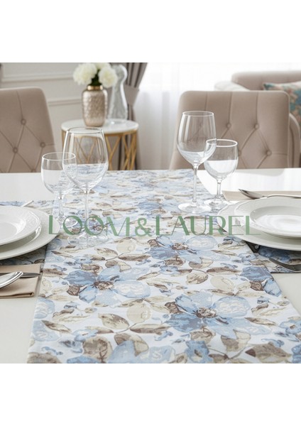 Jakarlı Dokuma Dekoratif Runner 45 x 140 cm Mavi Çiçekli indirimleri