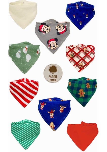 Bebek Pamuk Çift Katlı Yılbaşı Temalı Fular Mama Önlüğü Seti 10 Adet Yılbaşı Hediyesi