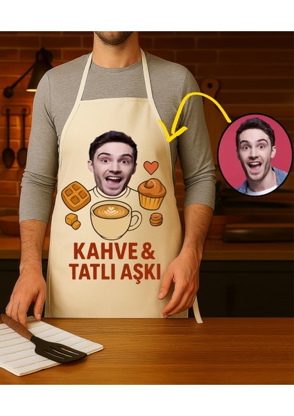 Kişiye Özel Karikatür Fotoğraflı ve Isimli Mutfak Önlüğü Kahve Tatlı Aşkı