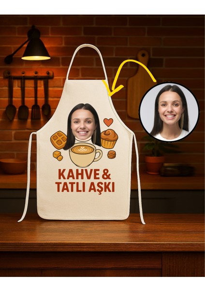Kişiye Özel Karikatür Fotoğraflı ve Isimli Mutfak Önlüğü Kahve Tatlı Aşkı modelleri