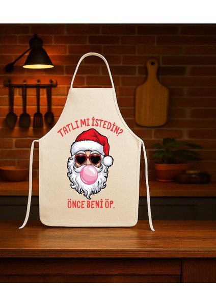 Yılbaşı Mutfak Önlüğü Yeni Yıl Noel Baba Beni Öp Tasarımlı Önlük