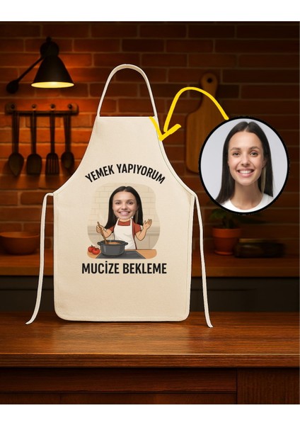 Kişiye Özel Karikatür Fotoğraflı ve Isimli Mutfak Önlüğü Mucize Bekleme modelleri