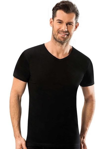 Erkek 6'lı Siyah V Yaka Yarım Kol Fanila Atlet