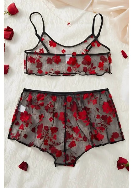 Çiçek Desenli Siyah Transparan Şortlu Gecelik TM1377 fırsatları