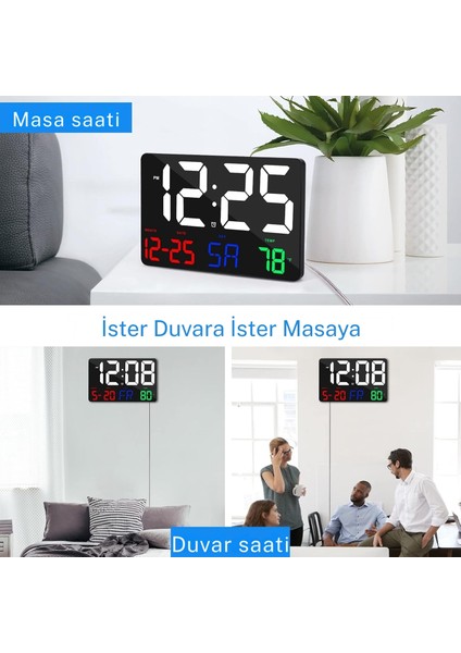 LED Dijital Duvar Saati Büyük Ekran Renkli Hd LED Ekran Sıcaklık Tarih Gün Göstergesi USB