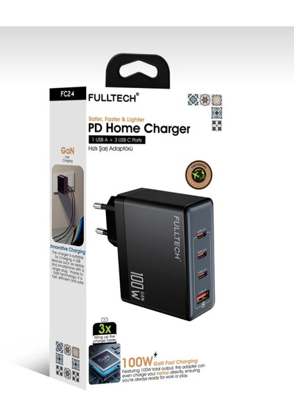FC24 100W Gan Hızlı Şarj Adaptörü | 3x Usb-C + 1x Usb-A Çoklu Port | Laptop & Telefon Uyumlu