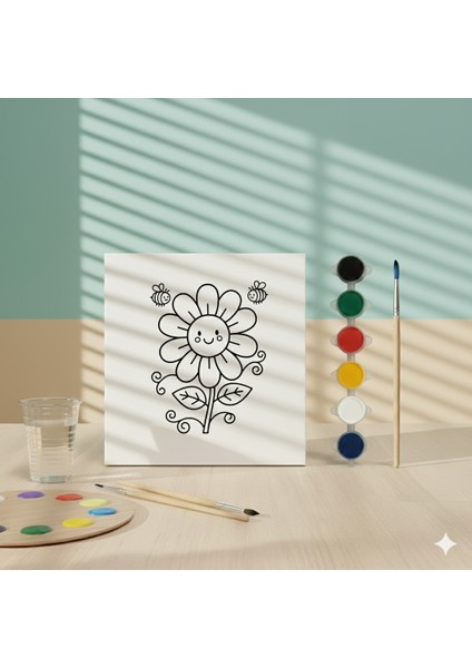Çocuklar Için Gülen Yüzlü Ayçiçeği ve Arı Kolay Çizimli Çiçek Tuvali ile Boyama Seti