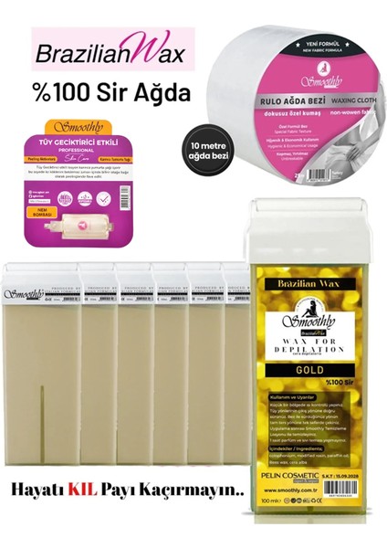 6 Adet Gold Brazılıan Rool On Kartuş Ağda 25 mt Sir Ağda Bezi 1 Ad.tüy Azaltıcı Losyon