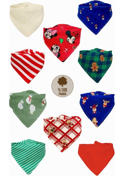 Yılbaşı Temalı 10’lu Bebek Fular Mama Önlüğü Seti – %100 Pamuk, Çift Katlı, Hediyelik Paket