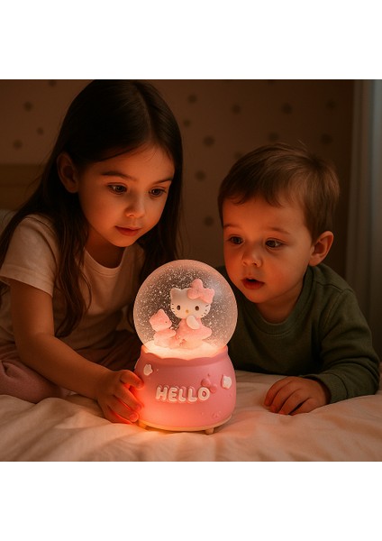 Mega Boy Hello Kitty Işıklı Renkli 3D Cam Kar Küresi Müzikli Kar Efektli Püskürtmeli Hediyelik modelleri
