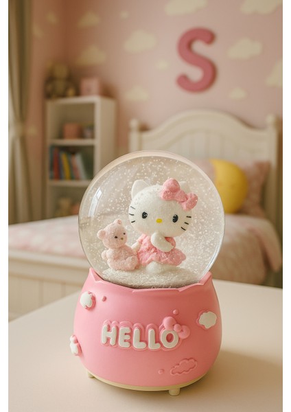 Mega Boy Hello Kitty Işıklı Renkli 3D Cam Kar Küresi Müzikli Kar Efektli Püskürtmeli Hediyelik