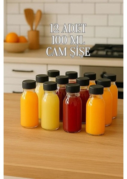 12 Adet 100 ml Kilitli Siyah Kapaklı Şeffaf Detox Shot Şişesi 100 cc Ginger Şat Beyaz Cam Şişe