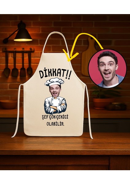 Kişiye Özel Karikatür Fotoğraflı Mutfak Önlüğü Dikkat Şef Çok Çekici Önlük