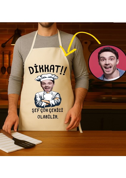 Kişiye Özel Karikatür Fotoğraflı Mutfak Önlüğü Dikkat Şef Çok Çekici Önlük modelleri