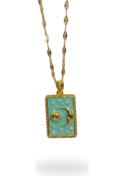 Turkuaz Ay ve Güneş Çelik Kolye