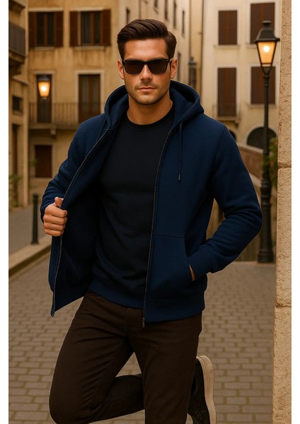 Erkek Kışlık Kapsonlu Mavi Fermuarlı Oversize Sweat modelleri