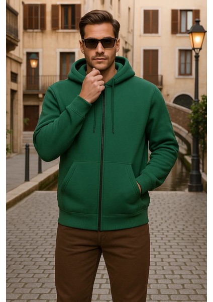 Erkek Kışlık Kapsonlu Yeşil Fermuarlı Oversize Sweat fiyatları