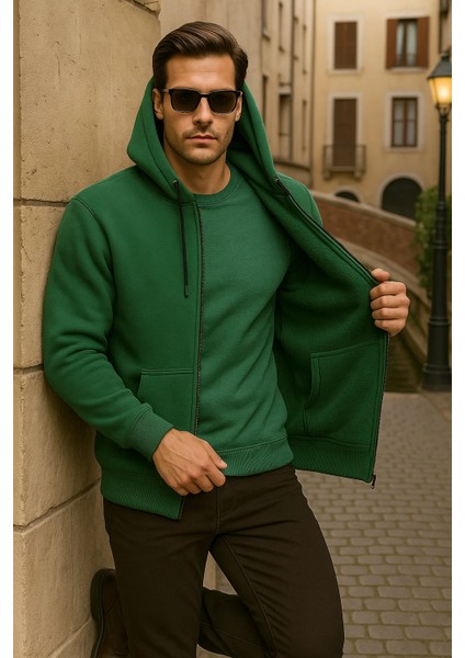 Erkek Kışlık Kapsonlu Yeşil Fermuarlı Oversize Sweat modelleri