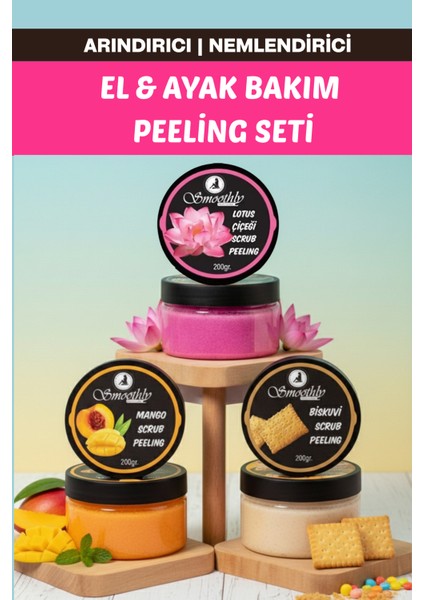 Manikür Pedikür Peeling Seti | Lotus Çiçeği + Mango Şeftali + Bisküvi Aromalı Peeling 200ML x 3 Adet