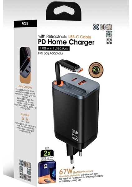 67W Hızlı Şarj Adaptörü Dahili Retractable Usb-C Kablo + Usb-A Çıkış Telefon Tablet ve Laptop Uyumlu