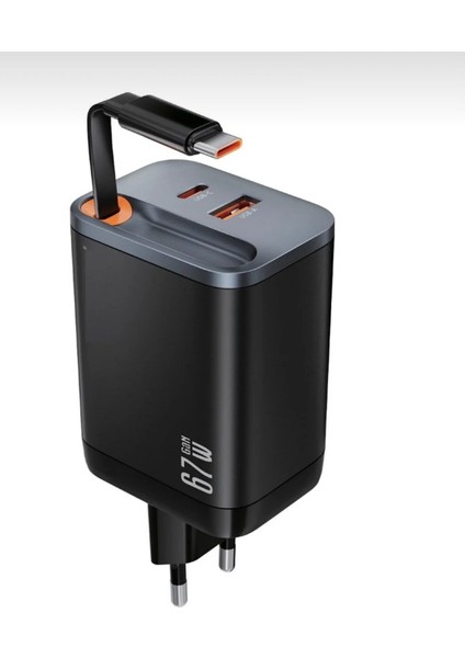 67W Hızlı Şarj Adaptörü Dahili Retractable Usb-C Kablo + Usb-A Çıkış Telefon Tablet ve Laptop Uyumlu fiyatları