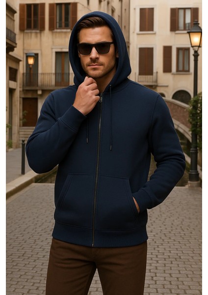 Erkek Kışlık Kapsonlu Lacivert Fermuarlı Oversize Sweat