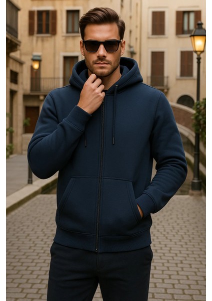 Erkek Kışlık Kapsonlu Lacivert Fermuarlı Oversize Sweat fiyatları