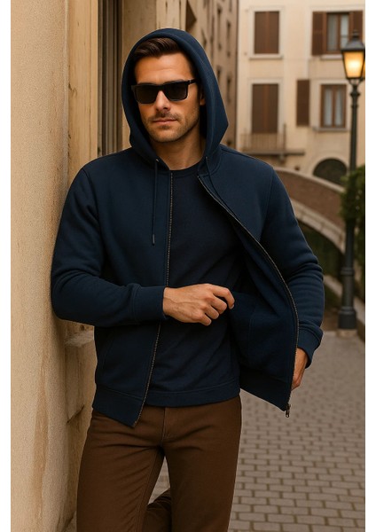 Erkek Kışlık Kapsonlu Lacivert Fermuarlı Oversize Sweat modelleri