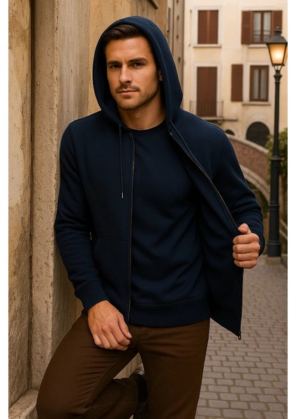 Erkek Kışlık Kapsonlu Lacivert Fermuarlı Oversize Sweat fırsatları