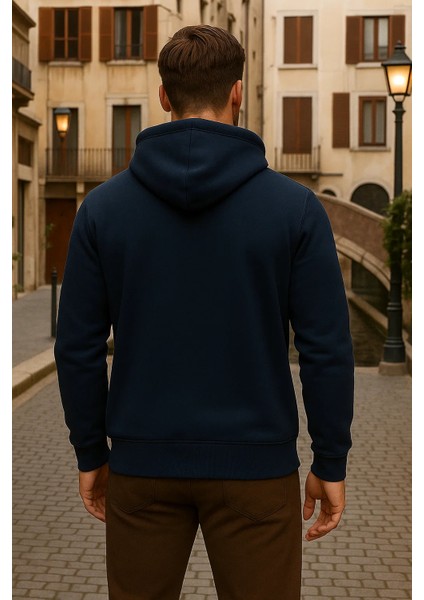 Erkek Kışlık Kapsonlu Lacivert Fermuarlı Oversize Sweat
