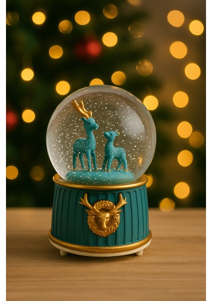 Mega Boy Anne ve Yavru Geyik Renkli 3D Cam Kar Küresi Müzikli Kar Efektli Püskürtmeli Hediyelik