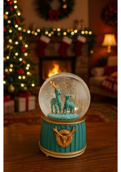 Mega Boy Anne ve Yavru Geyik Renkli 3D Cam Kar Küresi Müzikli Kar Efektli Püskürtmeli Hediyelik modelleri