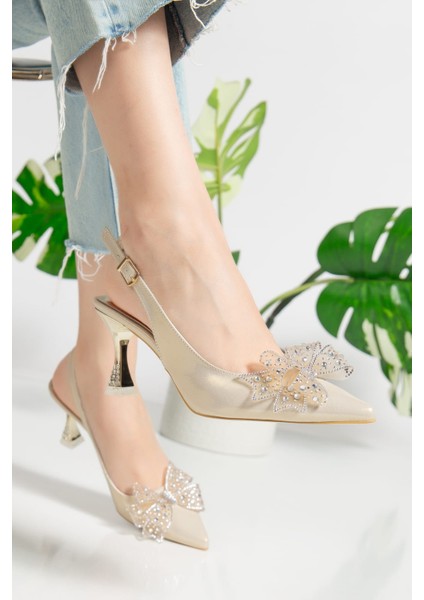 Altın Renk Fiyonklu Topuklu Abiye Ayakkabı