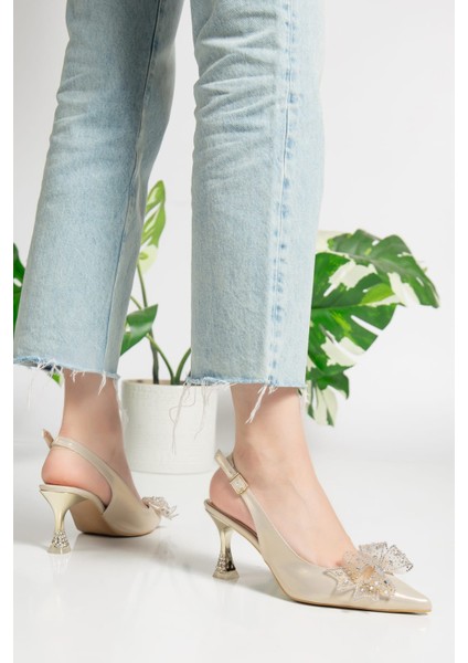 Altın Renk Fiyonklu Topuklu Abiye Ayakkabı fiyatları