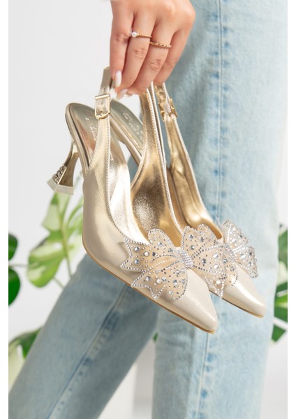 Altın Renk Fiyonklu Topuklu Abiye Ayakkabı modelleri