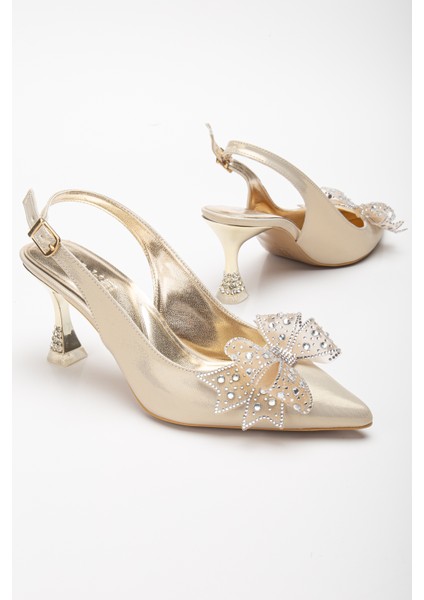 Altın Renk Fiyonklu Topuklu Abiye Ayakkabı fırsatları