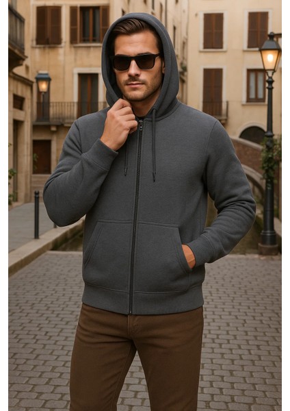 Erkek Kışlık Kapsonlu Antrasit Fermuarlı Oversize Sweat fiyatları